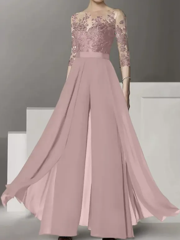 Bridal Mother Dress Jewel Neck Half Sleeves Two-piece Lace Floor-Length Wedding Guest Dresses