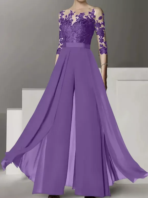Bridal Mother Dress Jewel Neck Half Sleeves Two-piece Lace Floor-Length Wedding Guest Dresses