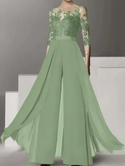 Bridal Mother Dress Jewel Neck Half Sleeves Two-piece Lace Floor-Length Wedding Guest Dresses