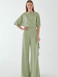 Bridal Mother Dress Jewel Neck Half Sleeves Jumpsuit Ruffles Wedding Guest Dresses