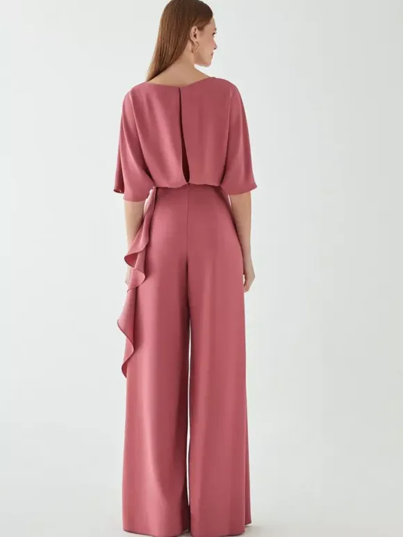 Bridal Mother Dress Jewel Neck Half Sleeves Jumpsuit Ruffles Wedding Guest Dresses