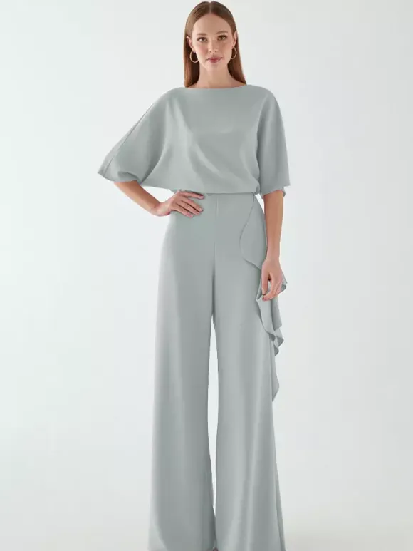 Bridal Mother Dress Jewel Neck Half Sleeves Jumpsuit Ruffles Wedding Guest Dresses