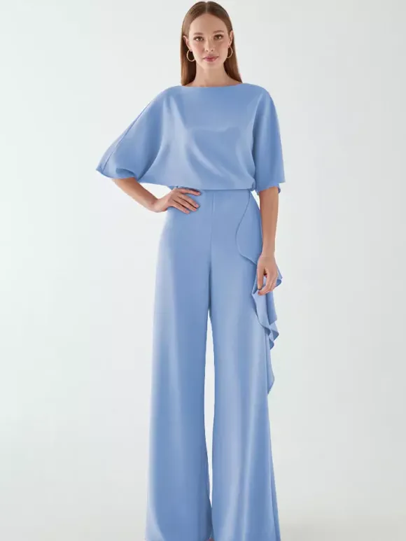 Bridal Mother Dress Jewel Neck Half Sleeves Jumpsuit Ruffles Wedding Guest Dresses