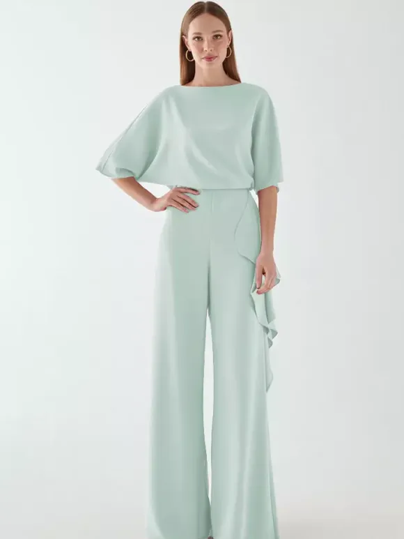 Bridal Mother Dress Jewel Neck Half Sleeves Jumpsuit Ruffles Wedding Guest Dresses
