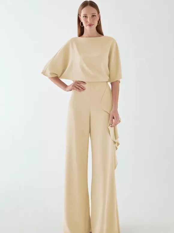 Bridal Mother Dress Jewel Neck Half Sleeves Jumpsuit Ruffles Wedding Guest Dresses