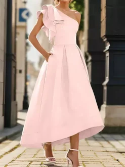 Bridal Mother Dress One-Shoulder Sleeveless Pleated Ankle-Length A-Line Wedding Guest Dresses