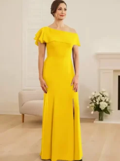 Bridal Mother Dress One-Shoulder Short Sleeves Mermaid Ruffles Wedding Guest Dresses