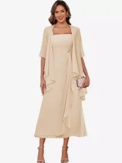 Bridal Mother Dress Square Neck Half Sleeves Two-piece Pleated Guest Dresses For Wedding