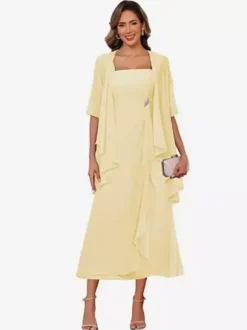 Bridal Mother Dress Square Neck Half Sleeves Two-piece Pleated Guest Dresses For Wedding