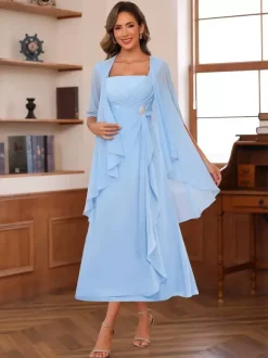 Bridal Mother Dress Square Neck Half Sleeves Two-piece Pleated Guest Dresses For Wedding