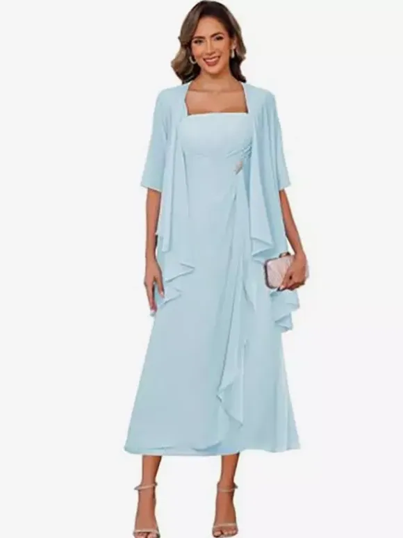 Bridal Mother Dress Square Neck Half Sleeves Two-piece Pleated Guest Dresses For Wedding
