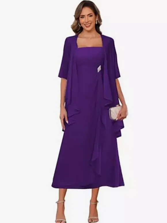 Bridal Mother Dress Square Neck Half Sleeves Two-piece Pleated Guest Dresses For Wedding