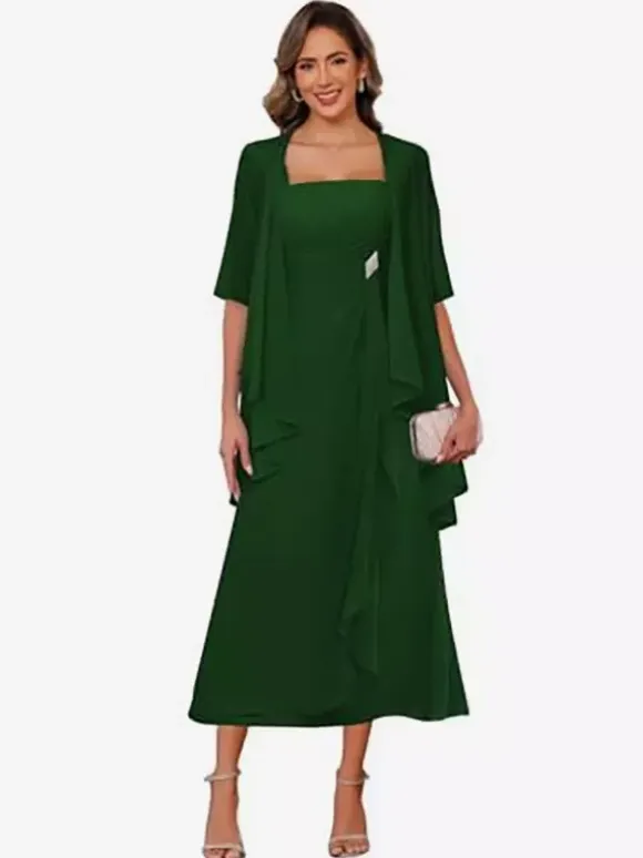 Bridal Mother Dress Square Neck Half Sleeves Two-piece Pleated Guest Dresses For Wedding