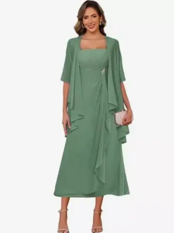 Bridal Mother Dress Square Neck Half Sleeves Two-piece Pleated Guest Dresses For Wedding