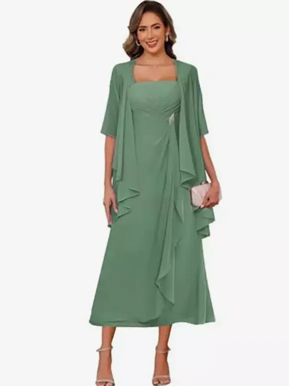 Bridal Mother Dress Square Neck Half Sleeves Two-piece Pleated Guest Dresses For Wedding
