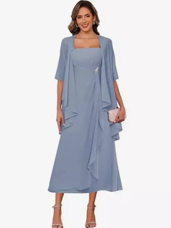 Bridal Mother Dress Square Neck Half Sleeves Two-piece Pleated Guest Dresses For Wedding
