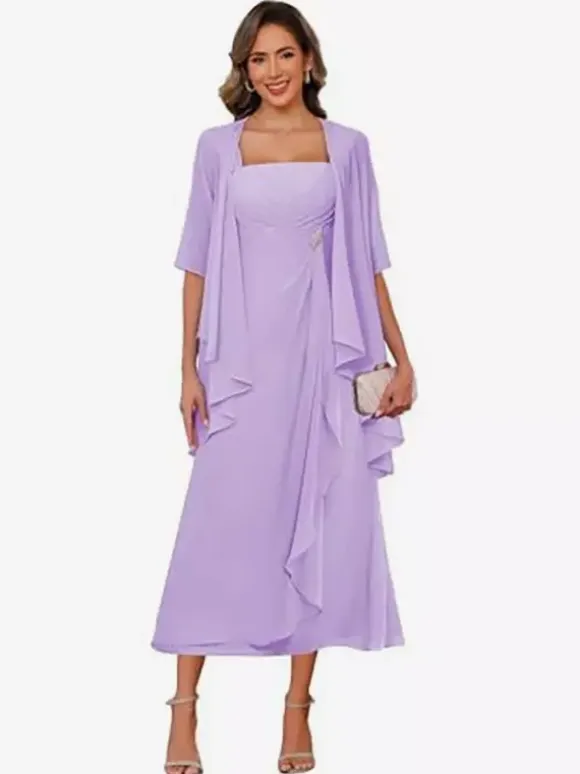 Bridal Mother Dress Square Neck Half Sleeves Two-piece Pleated Guest Dresses For Wedding