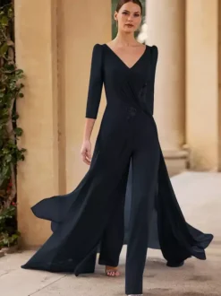 Bridal Mother Dress V-Neck 3/4 Length Sleeves Jumpsuit Pleated Floor-Length Guest Dresses For Wedding