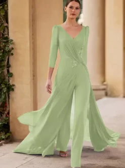 Bridal Mother Dress V-Neck 3/4 Length Sleeves Jumpsuit Pleated Floor-Length Guest Dresses For Wedding