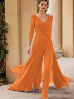 Bridal Mother Dress V-Neck 3/4 Length Sleeves Jumpsuit Pleated Floor-Length Guest Dresses For Wedding