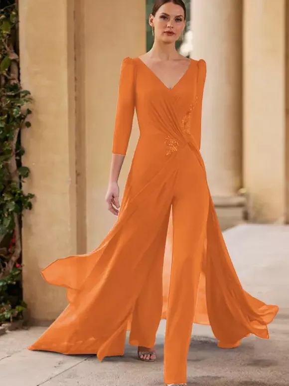 Bridal Mother Dress V-Neck 3/4 Length Sleeves Jumpsuit Pleated Floor-Length Guest Dresses For Wedding