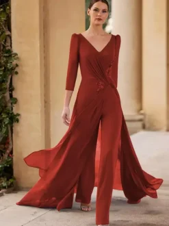 Bridal Mother Dress V-Neck 3/4 Length Sleeves Jumpsuit Pleated Floor-Length Guest Dresses For Wedding