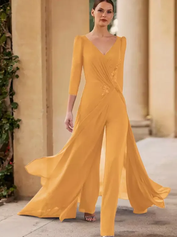 Bridal Mother Dress V-Neck 3/4 Length Sleeves Jumpsuit Pleated Floor-Length Guest Dresses For Wedding