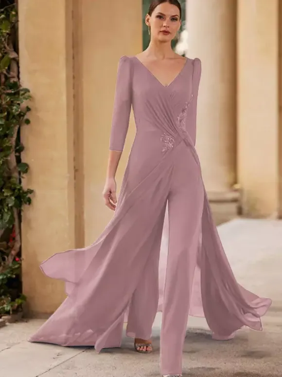 Bridal Mother Dress V-Neck 3/4 Length Sleeves Jumpsuit Pleated Floor-Length Guest Dresses For Wedding