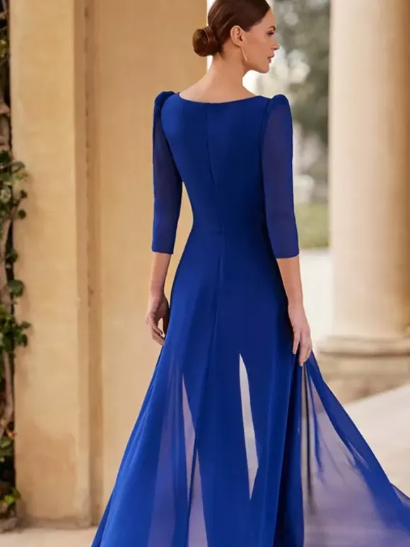 Bridal Mother Dress V-Neck 3/4 Length Sleeves Jumpsuit Pleated Floor-Length Guest Dresses For Wedding