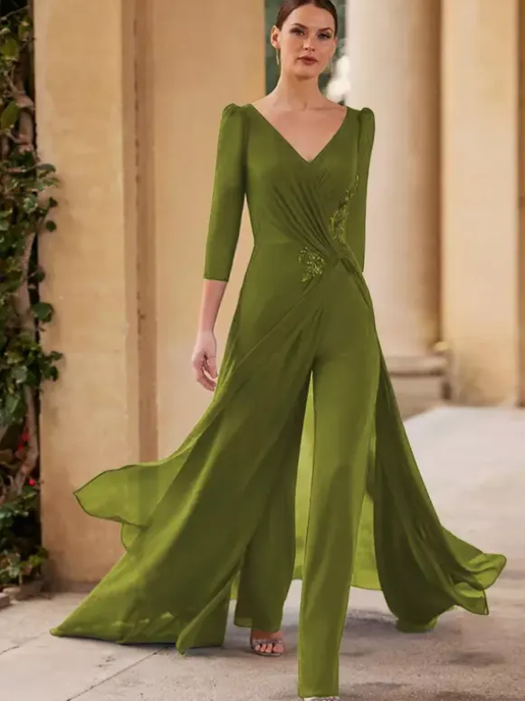 Bridal Mother Dress V-Neck 3/4 Length Sleeves Jumpsuit Pleated Floor-Length Guest Dresses For Wedding