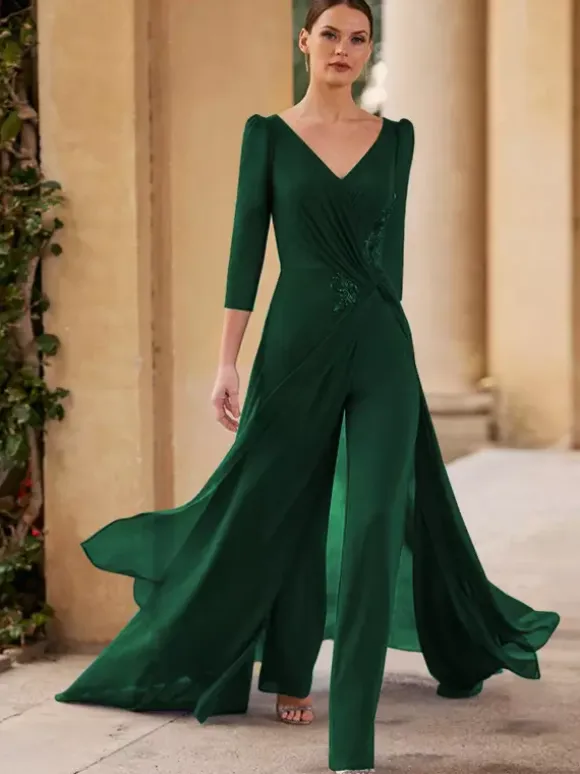 Bridal Mother Dress V-Neck 3/4 Length Sleeves Jumpsuit Pleated Floor-Length Guest Dresses For Wedding