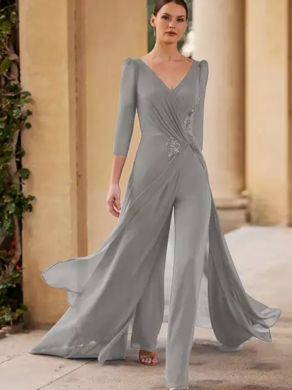Bridal Mother Dress V-Neck 3/4 Length Sleeves Jumpsuit Pleated Floor-Length Guest Dresses For Wedding