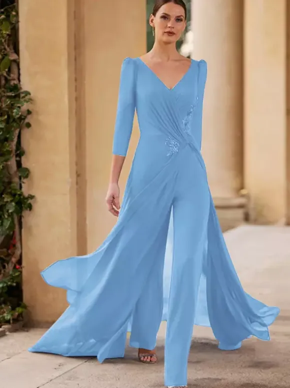 Bridal Mother Dress V-Neck 3/4 Length Sleeves Jumpsuit Pleated Floor-Length Guest Dresses For Wedding