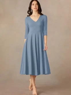 Bridal Mother Dress V-Neck 3/4 Length Sleeves A-Line Guest Dresses For Wedding