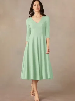 Bridal Mother Dress V-Neck 3/4 Length Sleeves A-Line Guest Dresses For Wedding