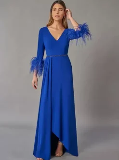 Bridal Mother Dress V-Neck 3/4 Length Sleeves Ball Gown Feathers Floor-Length Guest Dresses For Wedding