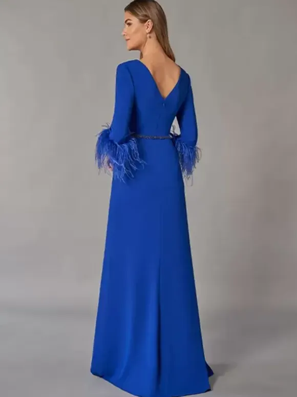 Bridal Mother Dress V-Neck 3/4 Length Sleeves Ball Gown Feathers Floor-Length Guest Dresses For Wedding