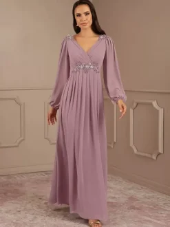 Bridal Mother Dress V-Neck Long Sleeves A-Line Applique Floor-Length Wedding Guest Dresses