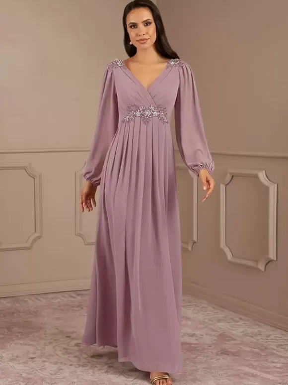 Bridal Mother Dress V-Neck Long Sleeves A-Line Applique Floor-Length Wedding Guest Dresses