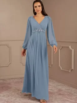 Bridal Mother Dress V-Neck Long Sleeves A-Line Applique Floor-Length Wedding Guest Dresses