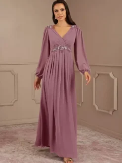 Bridal Mother Dress V-Neck Long Sleeves A-Line Applique Floor-Length Wedding Guest Dresses