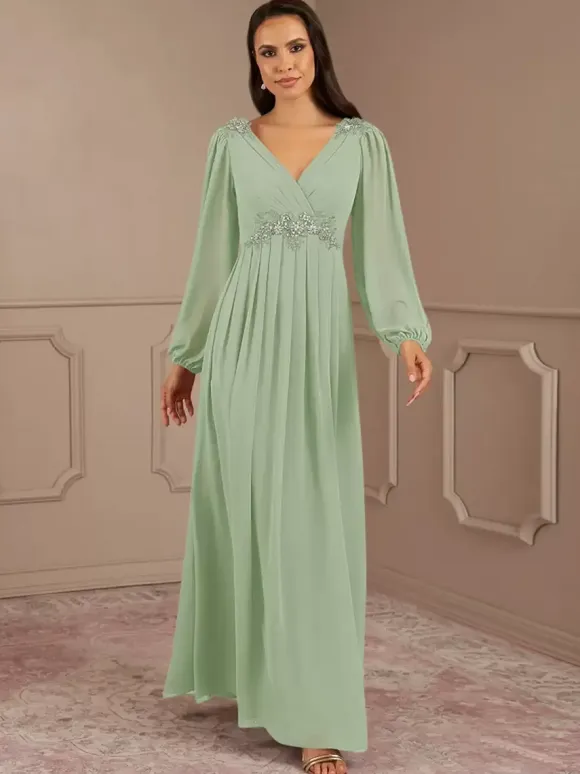 Bridal Mother Dress V-Neck Long Sleeves A-Line Applique Floor-Length Wedding Guest Dresses