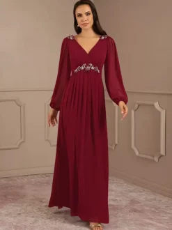 Bridal Mother Dress V-Neck Long Sleeves A-Line Applique Floor-Length Wedding Guest Dresses