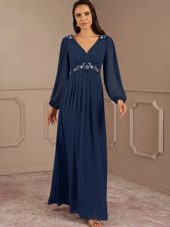Bridal Mother Dress V-Neck Long Sleeves A-Line Applique Floor-Length Wedding Guest Dresses