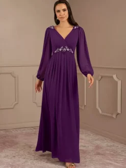 Bridal Mother Dress V-Neck Long Sleeves A-Line Applique Floor-Length Wedding Guest Dresses