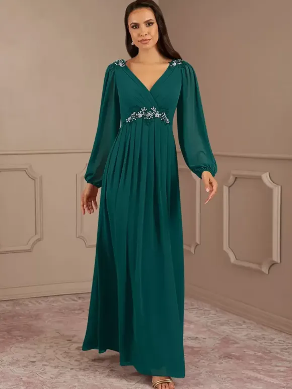Bridal Mother Dress V-Neck Long Sleeves A-Line Applique Floor-Length Wedding Guest Dresses