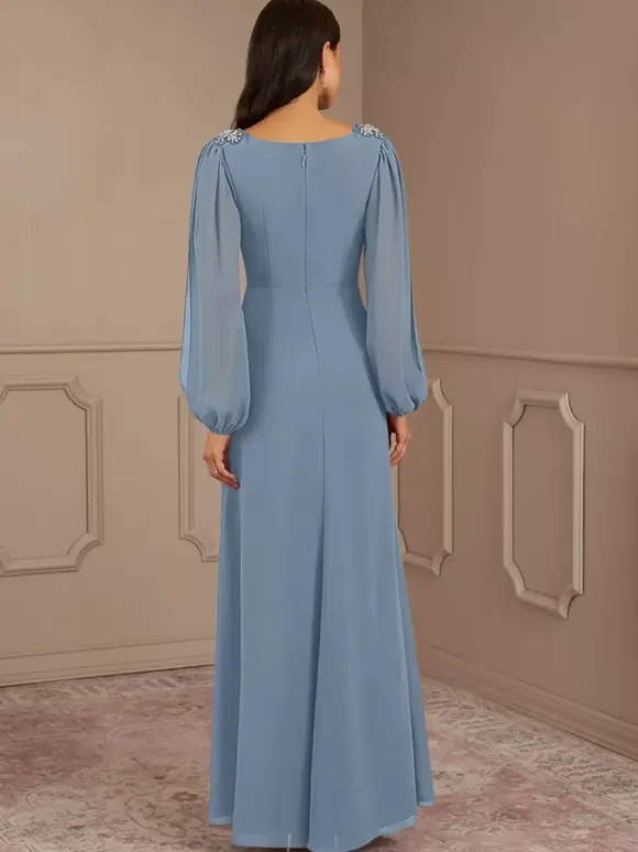 Bridal Mother Dress V-Neck Long Sleeves A-Line Applique Floor-Length Wedding Guest Dresses