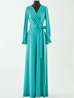 Bridal Mother Dress V-Neck Long Sleeves Jumpsuit Bows Floor-Length Wedding Guest Dresses