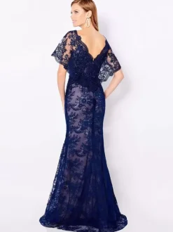 Bridal Mother Dress V-Neck Short Sleeves Mermaid Lace Floor-Length Wedding Guest Dresses