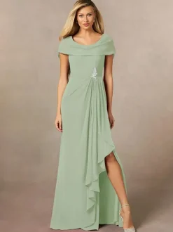 Bridal Mother Dress V-Neck Short Sleeves A-Line Pleated Floor-Length Wedding Guest Dresses